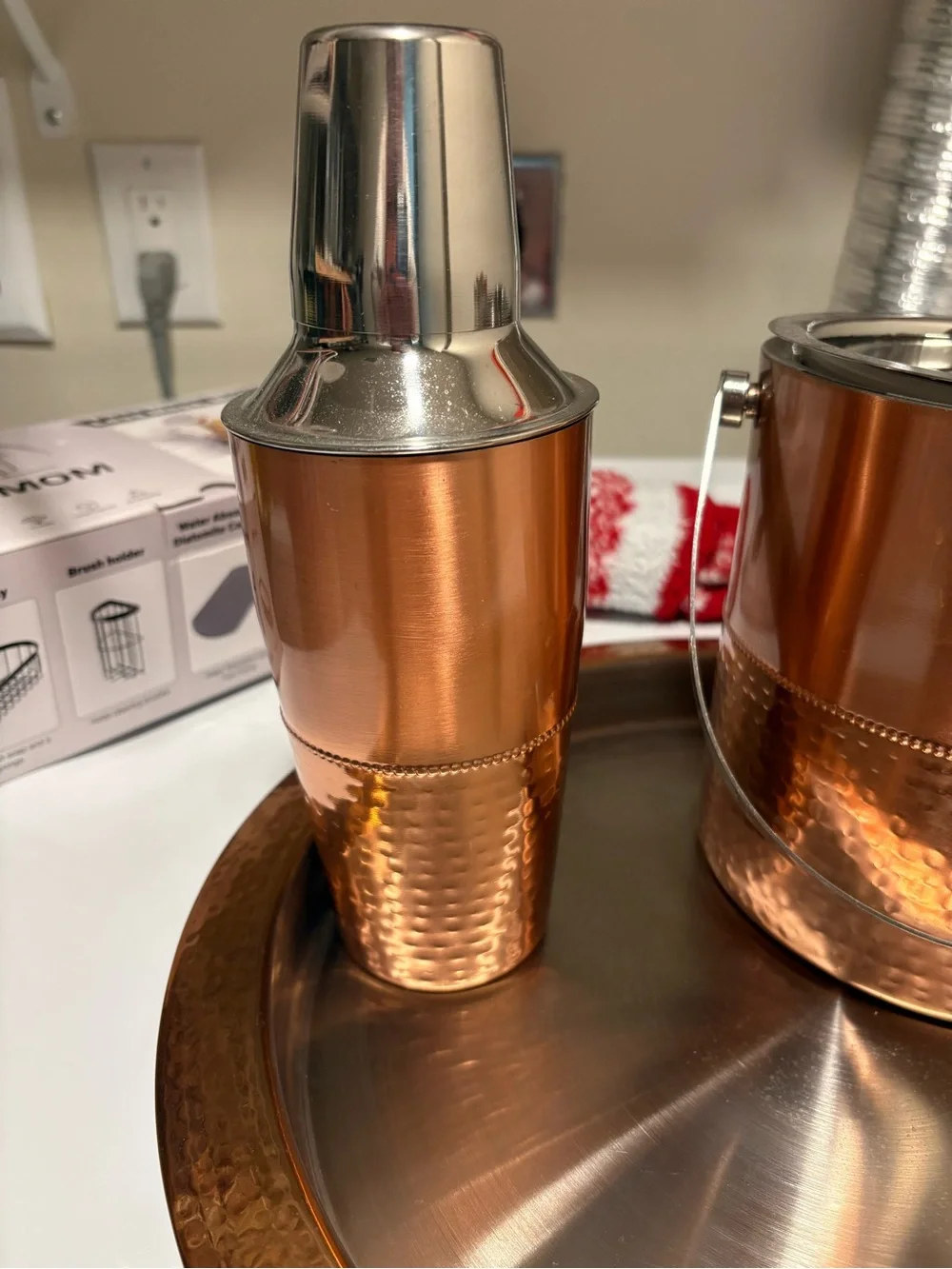 Godinger Copper-Tone Hammered Ice Bucket and Serving Tray Set